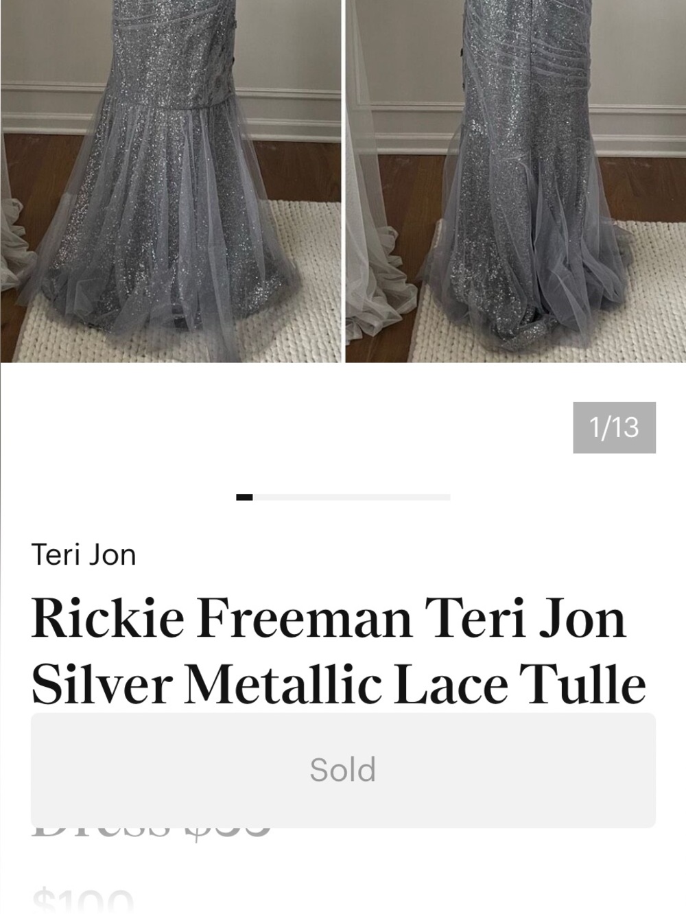 Teri Jon Silver Sequin Lace Tulle Mermaid Gown